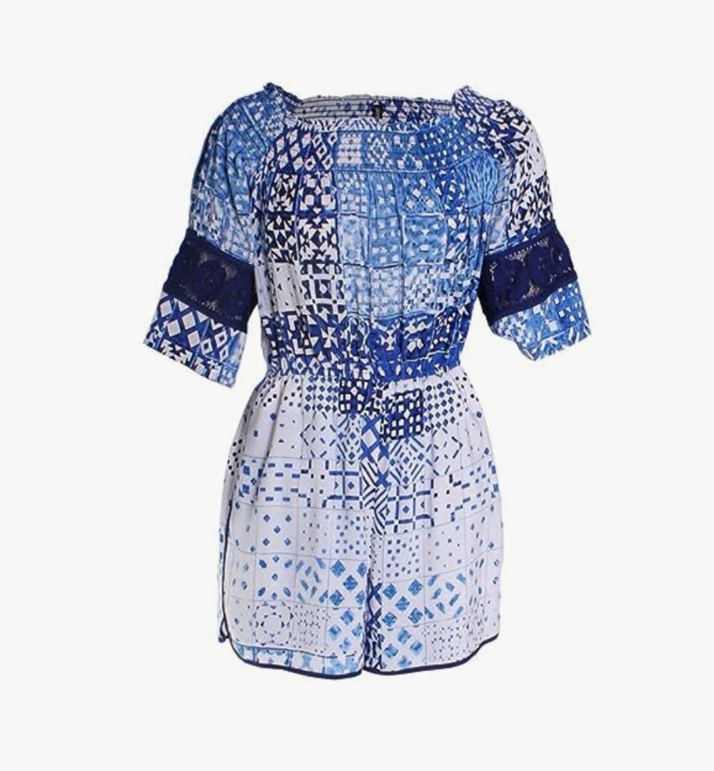 Plenty by Tracy Reese Romper Off-Shoulder Southmoon Under Blue Small